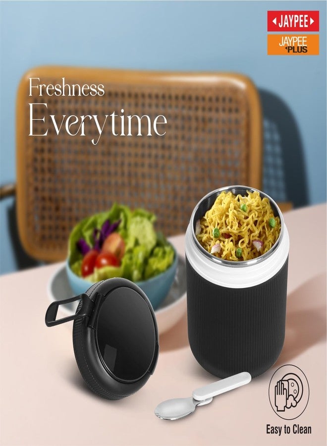 JAYPEE SoloMeal PUF Insulated Inner Stainless Steel Food Jar with Foldable Spoon|Hot/Cold Meal Jar for Kids|Office Women |Men|Food Storage Traveling Box Light Weight |Scratch Resistant|500 ml, Black - Image 2